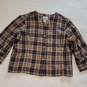 Joanna Blazer‎ Shacket Woman's XL Vintage Cropped Plaid Collarless Neckline